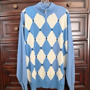 Marbas Blue and Cream Argyle Men's Golf Sweater